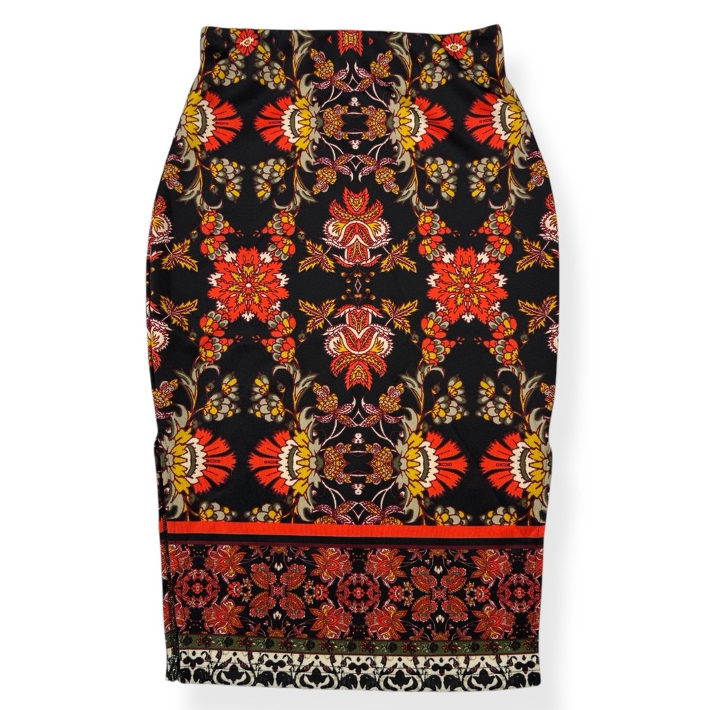 Amara Pencil Skirt‎ Womens Small S Black Side Slits Multi Color Geo Floral